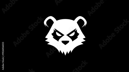Stylized fierce panda head mascot logo illustration in black and white, an angry and aggressive animal icon on a dark background.
