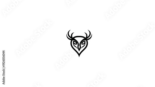 Elegant minimalist stylized owl head with antlers, black and white line art illustration, wise animal symbol, creative icon design.