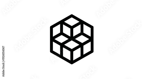 Abstract Geometric Interconnected Cube Design Icon. Minimalist 3D Outline Structure Symbol. Modern Cubic Graphic Element.