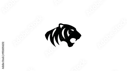 Fierce tiger head silhouette roaring, isolated black graphic on white. Powerful wild animal icon emblem.