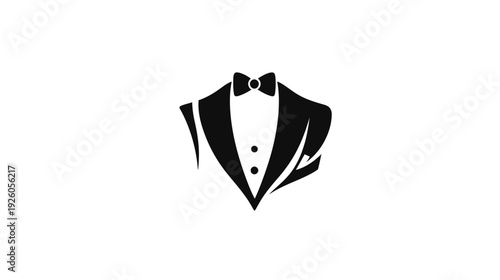 Stylish Black Tuxedo Jacket with Bow Tie and Shirt Front, Elegant Gentleman's Formal Wear Design Element Vector Icon