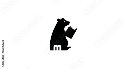 Minimalist black bear silhouette reading a book, creative animal logo icon with an 'm' letter, education concept vector