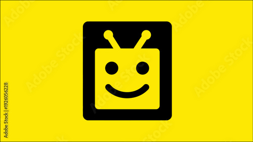 Smiling TV Screen Icon with Antennas on Yellow Background. Happy Cartoon Television Broadcast Symbol.