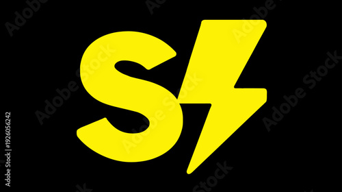Bright yellow letter S and lightning bolt symbol on black background, representing speed, power, energy, electricity, quick.