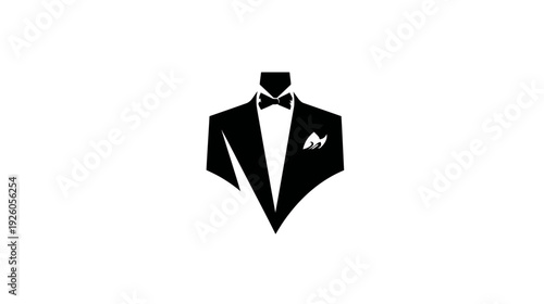 Stylish black tuxedo suit with bow tie and pocket square illustration, formal event attire graphic design element