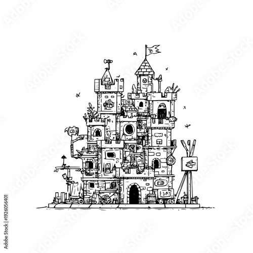 Fantasy Medieval Castle with Towers and Flag on White Background