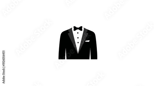 Elegant Black Tuxedo and Bow Tie Icon Vector Illustration. Formal Men's Suit for Events, Celebrations, and Weddings.
