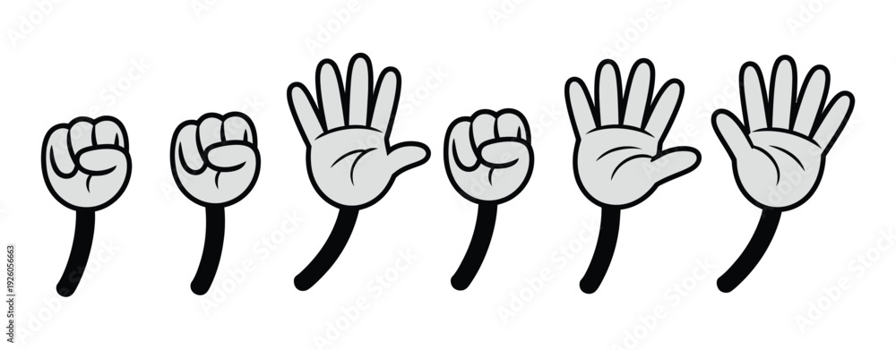 Fototapeta premium Comic hands numbers gestures, cartoon finger counting signs, glove style hand showing one, two, three, and four fingers, vector illustration