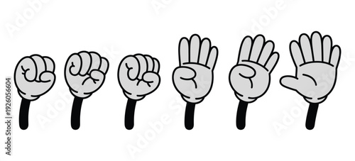 Comic hands numbers gestures, cartoon finger counting symbols with gloved hands showing one to four fingers