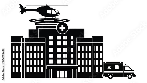 Hospital building with helicopter and ambulance isolated on white background, Vector
