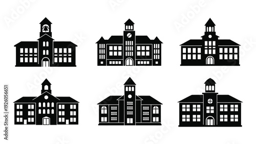 Six different school building silhouettes in black isolated on white background, Vector