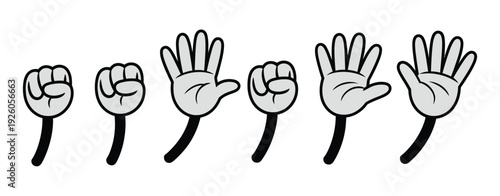 Comic hands numbers gestures, cartoon finger counting signs, glove style hand showing one, two, three, and four fingers, vector illustration