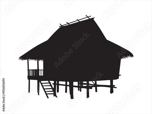 Stilt house silhouette vector, Traditional tribal huts and village home icon, Traditional stilt hut vector silhouette side view tropical dwelling