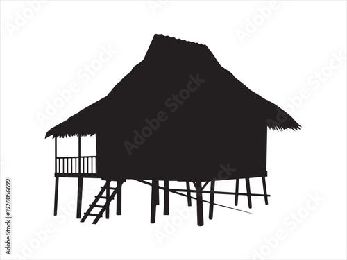 Stilt house silhouette vector, Traditional tribal huts and village home icon, Traditional stilt hut vector silhouette side view tropical dwelling