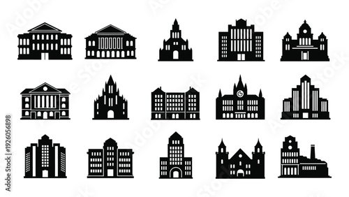 A collection of black and white building silhouettes isolated on white background, Vector