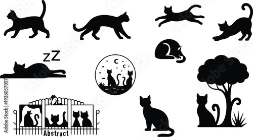Black silhouettes of cats in different poses and activities on white background Keywords: cat, kitten, feline, silhouette, black
