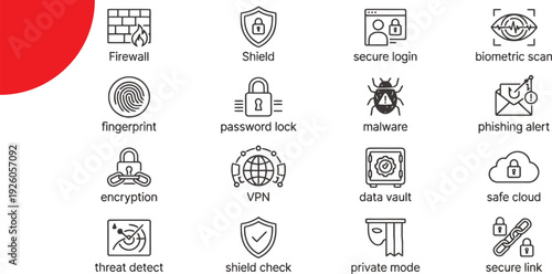 Cyber security and data protection outline icons set including firewall, vpn, encryption and biometric scan symbols