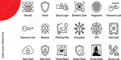 Cyber security and data protection outline icons set including firewall, vpn, encryption and biometric scan symbols