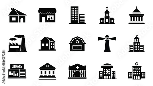 A collection of black and white icons depicting various buildings and structures isolated on white background, Vector