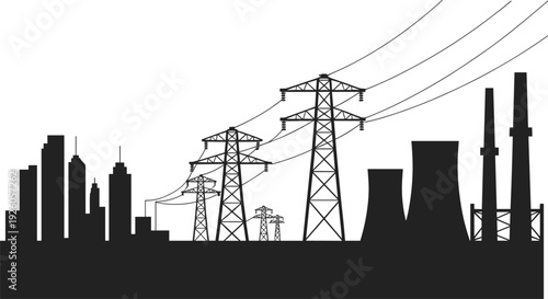 Black and white silhouette of high voltage transmission towers and power plant over city skyline, illustrating industrial energy production and electricity infrastructure network