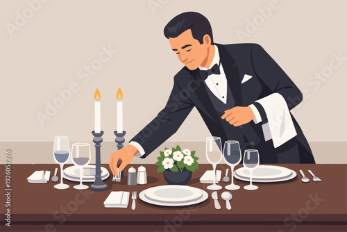 Butler Arranging Dining Table

Flat vector illustration of a butler carefully arranging tableware on a formal dining table. Plates, glasses, and candles visible. Flat vector style, attention to detail