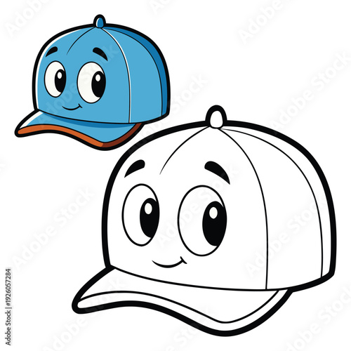 Cartoon Baseball Cap Coloring Page – Cute Everyday Object Character Illustration with Black and White Outline and Colored Version for Kids Learning