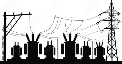 Black and white silhouette of electrical transformers and transmission tower, depicting high voltage power substation, electricity distribution system, and industrial energy infrastructure