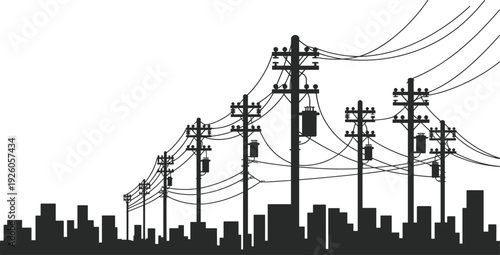 Black and white silhouette of multiple utility poles and power lines over urban skyline, representing electricity distribution network and modern city infrastructure system