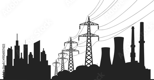 Black and white silhouette of transmission towers and power plant beside urban skyline, symbolizing electricity generation, high voltage grid, and industrial energy infrastructure
