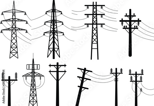 Collection of black silhouettes of various electricity pylons and utility poles Keywords: electricity, power, pylon, pole