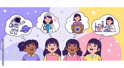 Diverse group of young girls with dreams of becoming astronaut doctor photographer and scientist