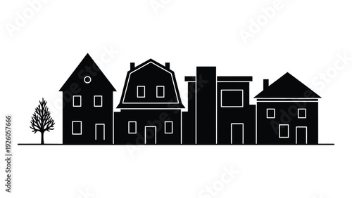 A black and white image of houses and a tree isolated on white background, Vector