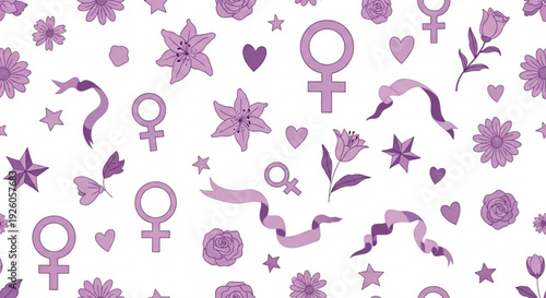 Vibrant purple feminist symbols and flowers on white background celebrating women's empowerment and equality with stars hearts and ribbons