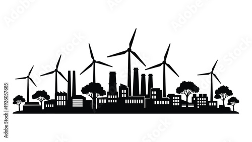 A cityscape with wind turbines and trees isolated on white background, Vector