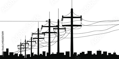 Black and white silhouette of utility poles and complex power lines over city skyline, symbolizing urban electricity distribution network and industrial infrastructure system