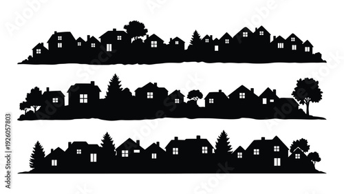 A black silhouette of a neighborhood with houses and trees isolated on white background, Vector