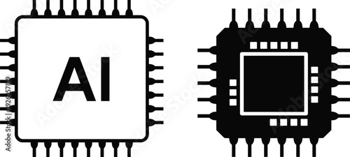 Artificial intelligence microchip processor icon set, AI CPU technology symbol isolated on white background illustration