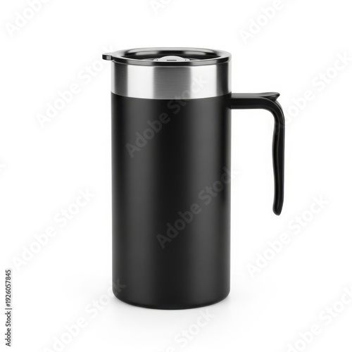 Stylish black insulated travel mug with a sturdy metal lid and handle