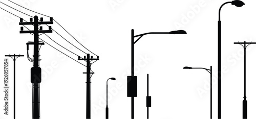 Black and white silhouette set of utility poles and street lights, showcasing electricity distribution infrastructure, urban lighting systems, and modern industrial design elements