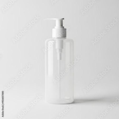 Clear plastic pump bottle with white cap on a neutral background