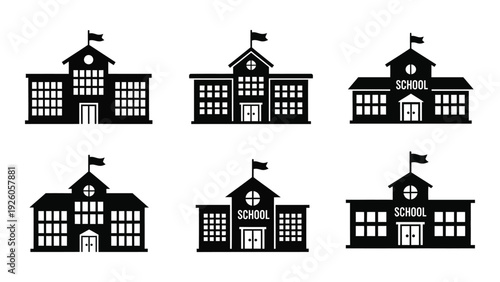 Six different school building silhouettes with flags isolated on white background, Vector