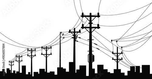 Black and white urban silhouette of power lines and utility poles over city skyline, showcasing electricity transmission network, energy infrastructure, and industrial landscape concept