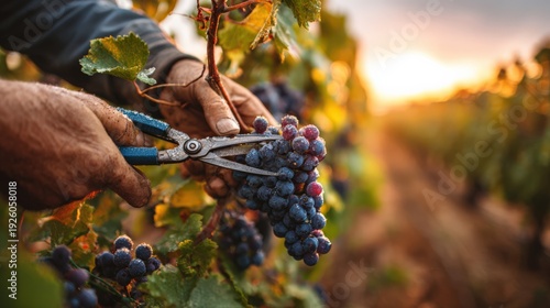 Hands cutting ripe grape cluster with pruning shears at sunset