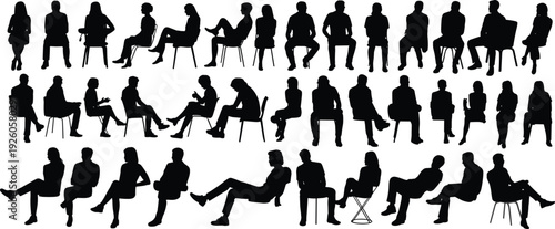 Collection of diverse human silhouettes sitting on chairs in various poses on a white background people