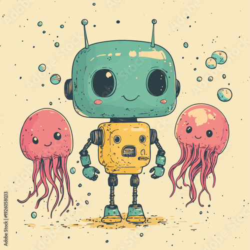 Cheerful Cartoon Robot with Jellyfish Companions , vector style simple color