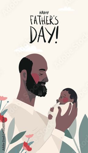 Father s Day card, happy black man holding a newborn baby, parenthood and fatherhood concept. Flat vector illustration.