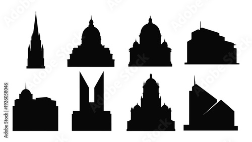 A collection of iconic building silhouettes isolated on white background, Vector