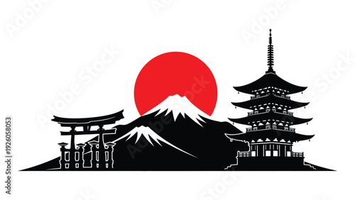 A japanese landscape with mount fuji and temple isolated on white background, Vector