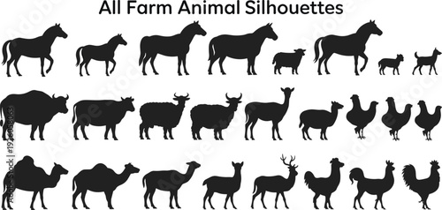 Collection Of Farm Animal Silhouettes In Multiple Rows On White Background Keywords: farm animals, silhouettes, horse, cow