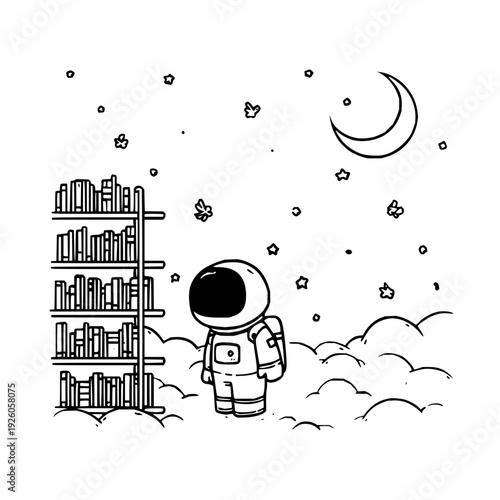 Astronaut Standing Next to Bookshelf in Space with Moon and Stars